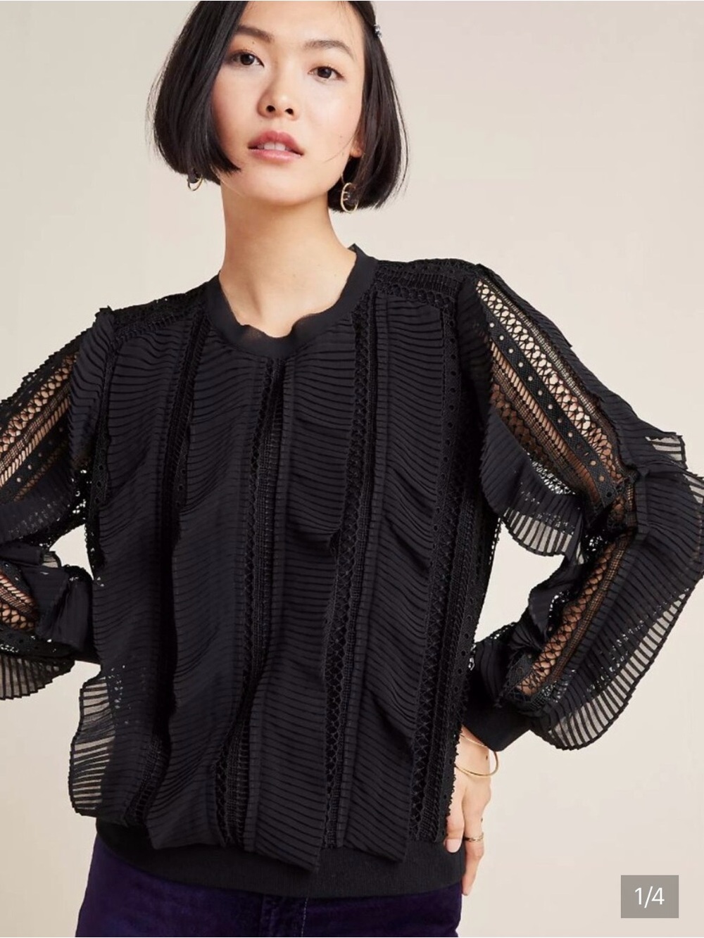 Anthropogie x Daniel Rainn Augusta Black Lace Ruffle  Long-Sleeve Blouse Size S
